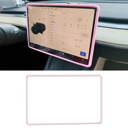 Tesla Model Three And Y Screen Bumper Protective Cover Black installed on Tesla touchscreen, black silicone edge protector, precise 1:1 fit