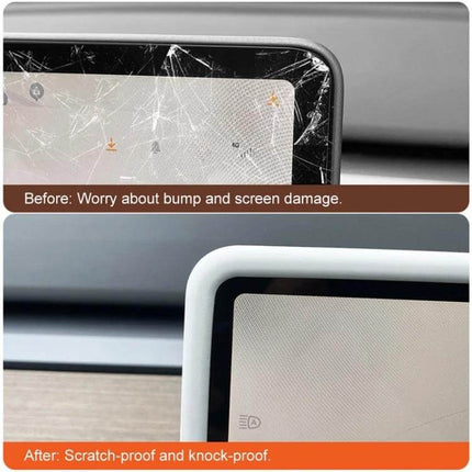 Tesla Model Three And Y Screen Bumper Protective Cover Black showing before cracked screen and after scratch-proof installation protecting edges