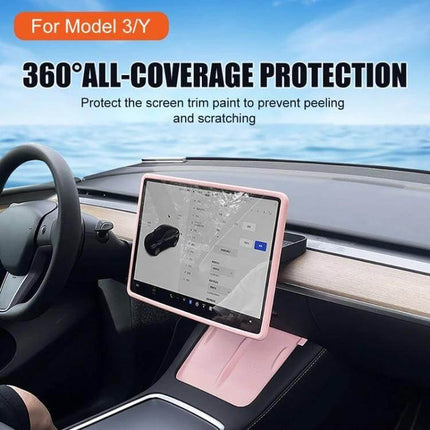 Tesla Model Three And Y Screen Bumper Protective Cover Black installed on Model 3/Y dashboard showing 360° edge protection and precise 1:1 fit (black)