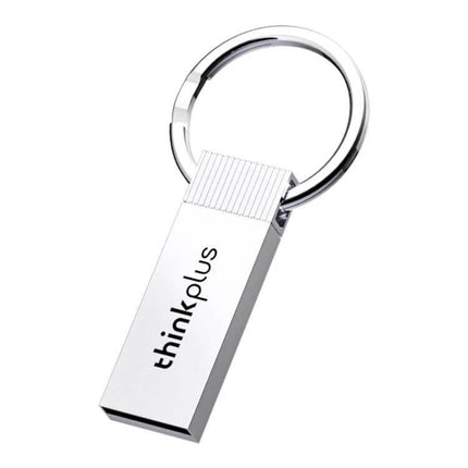Lenovo ThinkPlus Hanging Portable Metal USB Flash Drive shown attached to a silver keyring, compact metal body for travel and everyday use