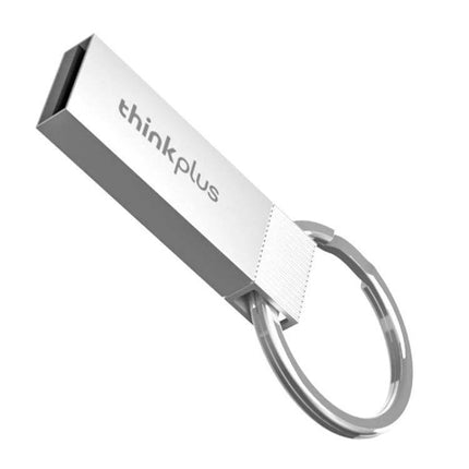 Lenovo ThinkPlus Hanging Portable Metal USB Flash Drive attached to keyring, slim metal design for travel and secure file storage