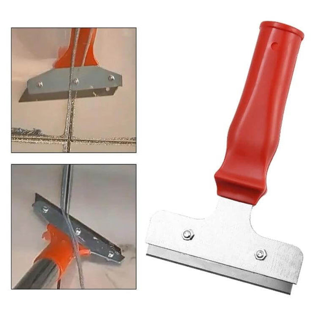 Iron Head Plastic Handle Scraper Cleaner For Glass And Tile with red plastic handle and steel blade shown cleaning grout and glass surfaces
