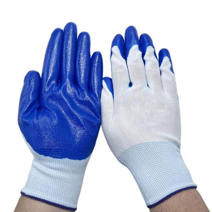 Nylon And Rubber Work Safety Gloves Oil Resistant Pair showing blue rubber-coated palms on white nylon backs for oil and water resistance