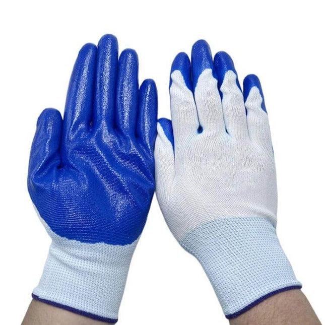 Nylon And Rubber Work Safety Gloves Oil Resistant Pair — blue-coated nylon gloves resisting oil, wear and water for construction and maintenance