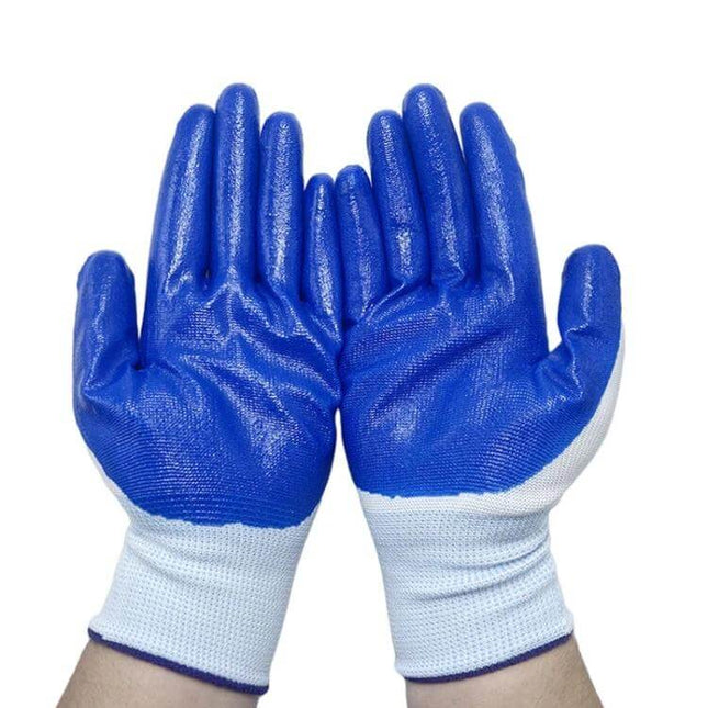 Nylon And Rubber Work Safety Gloves Oil Resistant Pair showing blue rubber-coated palms on white nylon cuffs