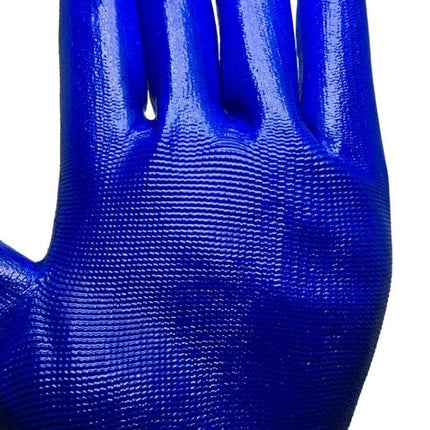 Alt Tag: Nylon And Rubber Work Safety Gloves Oil Resistant Pair in close-up showing blue rubber-coated nylon palm texture for oil and water resistance