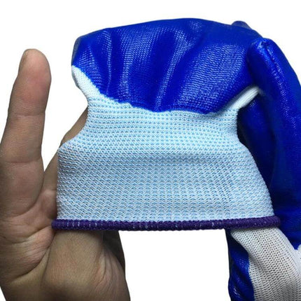 Nylon And Rubber Work Safety Gloves Oil Resistant Pair showing blue rubber-coated palm and white nylon back in hand
