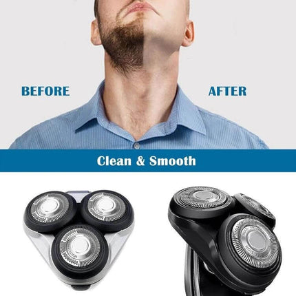 Replacement Blade Head for Electric Shaver Easy to Install - spare shaver head shown with before/after neck shave and three rotary blades