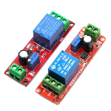 Versatile Timing Delay Relay for Home and Car Automation shown as two red PCB timer relay modules for sequential startup and surge protection