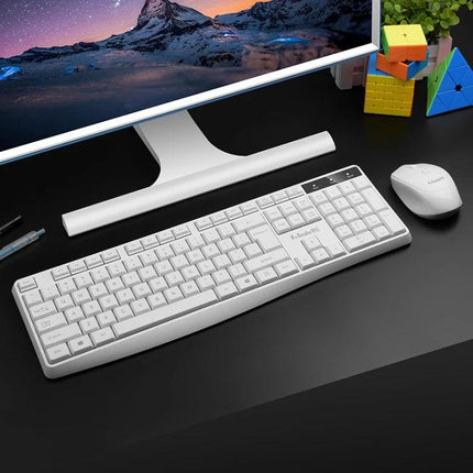 K-Snake Wireless Keyboard and Mouse Set in Black and White for Office Use - slim white wireless keyboard and mouse with USB receiver on office desk