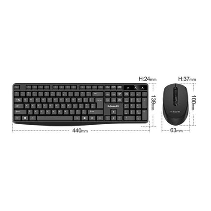 K-Snake Wireless Keyboard and Mouse Set in Black and White for Office Use slim USB receiver keyboard and mouse with dimensions shown