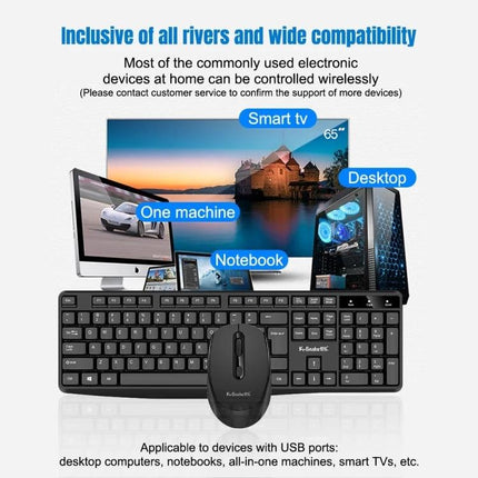 K-Snake Wireless Keyboard and Mouse Set in Black and White for Office Use - black wireless keyboard and mouse with USB receiver shown with desktop, notebook, and smart TV