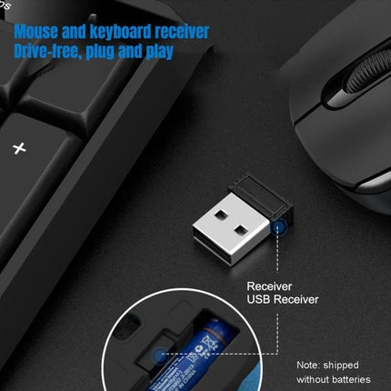 K-Snake Wireless Keyboard and Mouse Set in Black and White for Office Use showing USB receiver, black keyboard edge and mouse on desk, plug-and-play