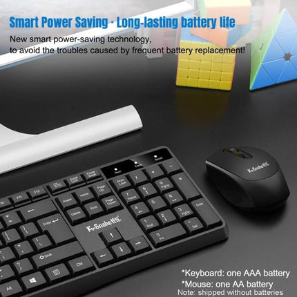 K-Snake Wireless Keyboard and Mouse Set in Black and White for Office Use - black wireless keyboard and mouse on desk with long-lasting battery life