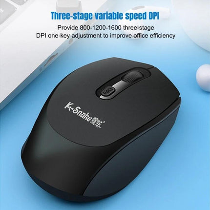 K-Snake Wireless Keyboard and Mouse Set in Black and White for Office Use black wireless mouse on desk with USB receiver, three-stage DPI, ergonomic design