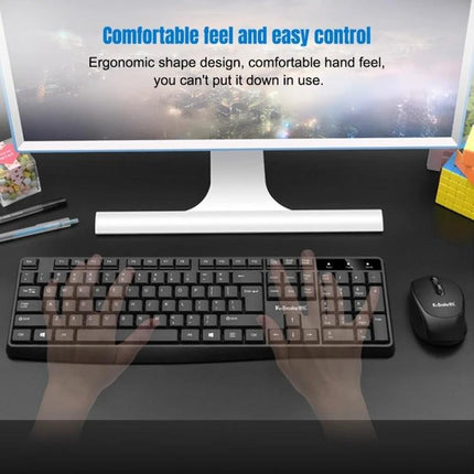 K-Snake Wireless Keyboard and Mouse Set in Black and White for Office Use on desk with monitor, hands typing, USB receiver, ergonomic low-profile design