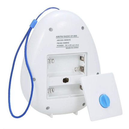 Portable Waterproof FM Radio with Hanging Rope for Bathroom Use - white egg-shaped waterproof FM radio with blue hanging rope and open battery compartment