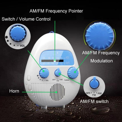 Portable Waterproof FM Radio with Hanging Rope for Bathroom Use - compact white waterproof ABS shower radio with volume, tuning, AM/FM switch and hanging rope