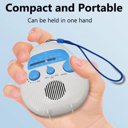 Portable Waterproof FM Radio with Hanging Rope for Bathroom Use - compact white waterproof FM radio with blue hanging rope held in hand