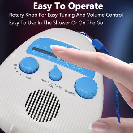 Portable Waterproof FM Radio with Hanging Rope for Bathroom Use – white-blue compact waterproof radio with tuning and volume knobs, hanging rope
