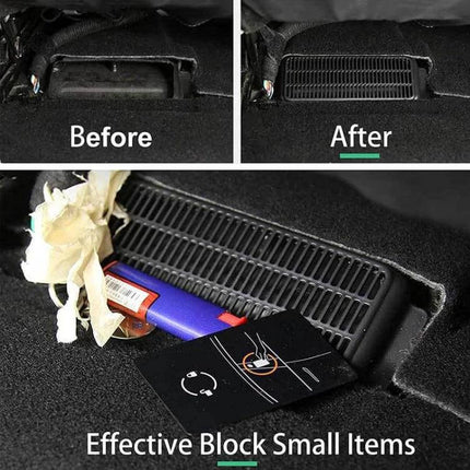 Protective Air Outlet Cover For Car Air Intake Under Seat installed under seat showing before and after dust and hair protection