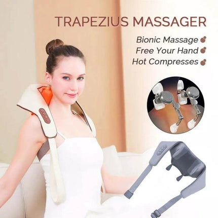 Electric Neck And Shoulder Shiatsu Massager For Home Use shown worn around neck with silicone heads, hot compress and hands-free trapezius massage