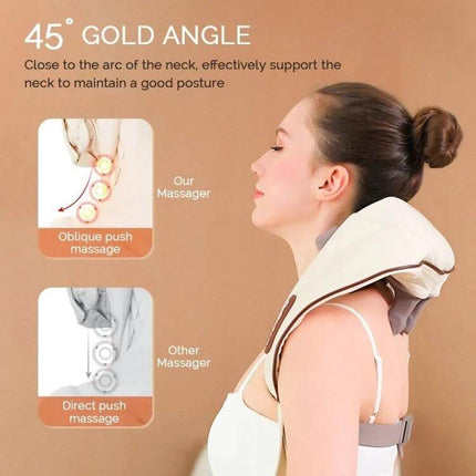 Electric Neck And Shoulder Shiatsu Massager For Home Use showing 45° gold angle, flexible silicone heads targeting neck and trapezius for hands-free relief