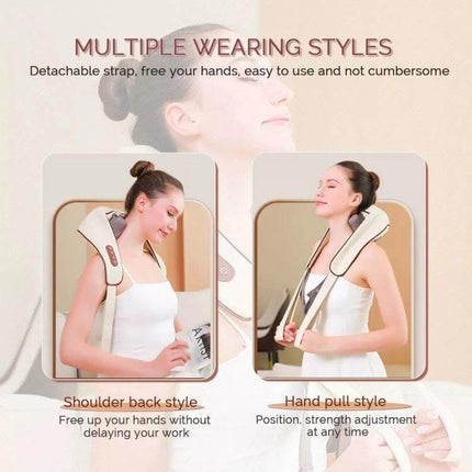 Electric Neck And Shoulder Shiatsu Massager For Home Use showing multiple wearing styles with detachable strap for hands-free shoulder back or hand-pull use