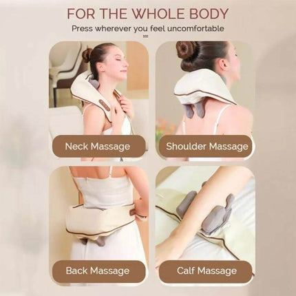 Electric Neck And Shoulder Shiatsu Massager For Home Use showing neck, shoulder, back and calf massage positions with flexible silicone heads