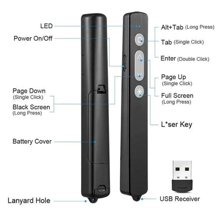 Wireless Laser Pointer Pen for Presentations and Page Turning with 2.4GHz USB receiver, page up/down, laser key and power on/off controls