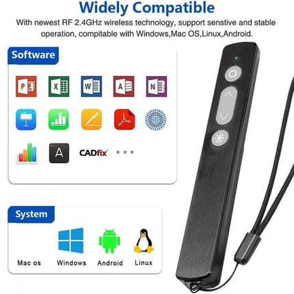 Wireless Laser Pointer Pen for Presentations and Page Turning showing 2.4GHz wireless remote with compatibility icons and control buttons
