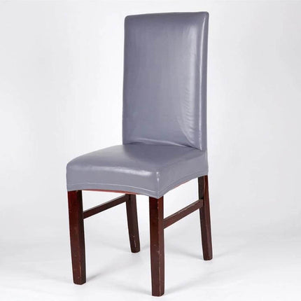 Siamese Chair Cover Elastic Waterproof PU Leather Stretch Fit gray stretch PU leather chair cover on wooden dining chair, waterproof, snug fit