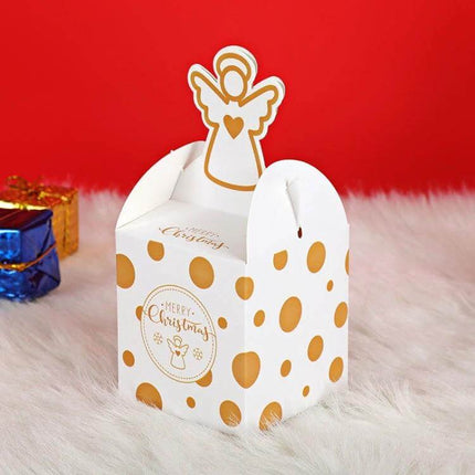 Christmas Eve Apple Packaging Gift Box 8.5x8.5x18 cm white paper box with gold polka dots and angel topper for holiday apple or candy