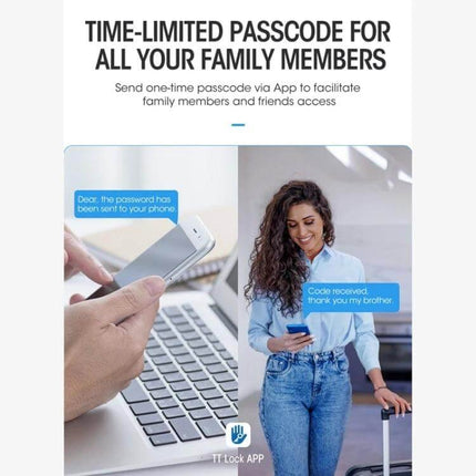 Fingerprint Smart Lock with App Unlocking for Home Security showing time-limited passcode sent via mobile app for family access