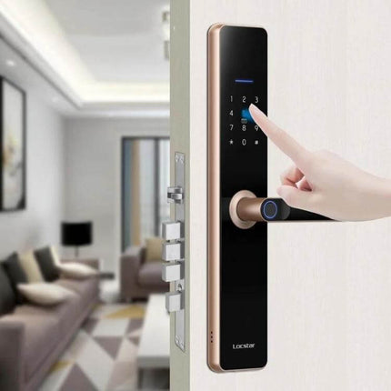 Fingerprint Smart Lock with App Unlocking for Home Security on modern home door being unlocked via keypad and fingerprint touch
