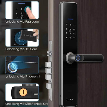 Fingerprint Smart Lock with App Unlocking for Home Security showing fingerprint, passcode, IC card, mechanical key and app remote access
