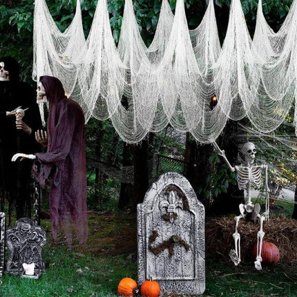 Halloween Gauze Decoration 76x183cm Beige Blood Stains draped over doorway with tombstones skeleton and pumpkins for outdoor Halloween scene