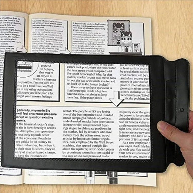 A4 Handheld Magnifying Glass for Full Page Reading Maps held over a newspaper showing full A4 page magnification