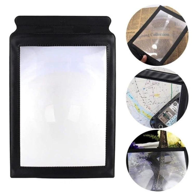 A4 Handheld Magnifying Glass for Full Page Reading Maps showing full-page magnification for newspapers, maps, sewing and collectible inspection