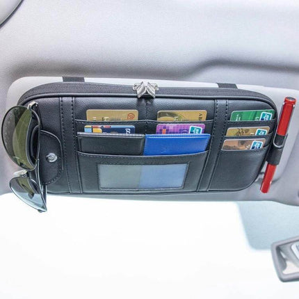 Beige Car Driver License Storage Bag Sun Visor Sunglasses Card Holder organized on car visor with cards, sunglasses pocket, ID window and pen slot