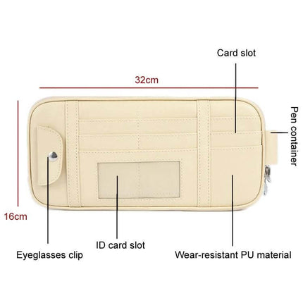 Beige Car Driver License Storage Bag Sun Visor Sunglasses Card Holder — beige PU leather sun visor organizer with ID card slot, eyeglasses clip, pen holder (32×16cm)