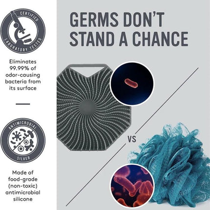 Soft Silicone Body Brush for Daily Shower Cleaning showing antimicrobial silicone brush vs loofah with germs and certification badges