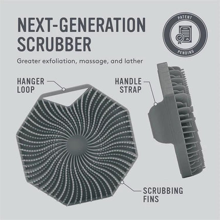 Soft Silicone Body Brush for Daily Shower Cleaning - octagonal scrubber with hanger loop, handle strap and scrubbing fins for gentle exfoliation