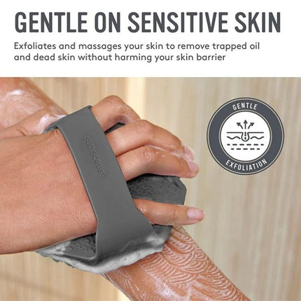 Soft Silicone Body Brush for Daily Shower Cleaning - gray hand-held silicone brush exfoliating sensitive skin with soap lather