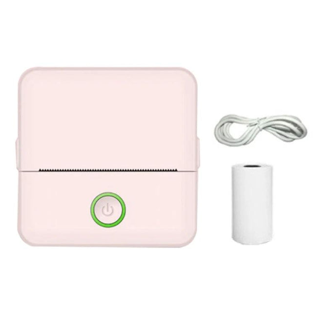 Pink Bluetooth Inkless Pocket Printer for Students shown with USB cable and thermal paper roll for mobile note printing