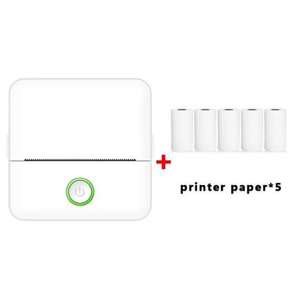 Pink Bluetooth Inkless Pocket Printer for Students with five thermal paper rolls, compact white pocket printer printing notes via Bluetooth