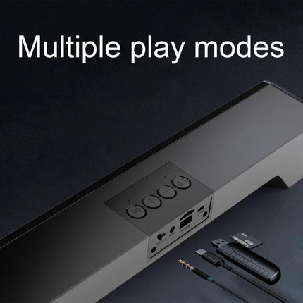 Compact Bluetooth Home Speaker For Everyday Listening showing sleek black bar speaker with multiple play modes and accessories