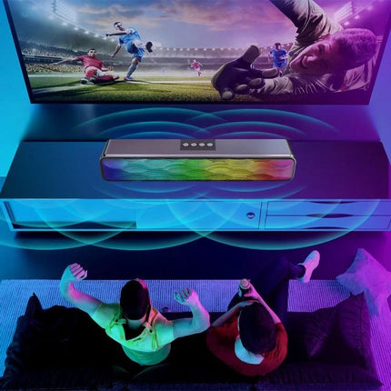 Compact Bluetooth Home Speaker For Everyday Listening placed under TV for immersive surround sound during family movie nights and casual get-togethers