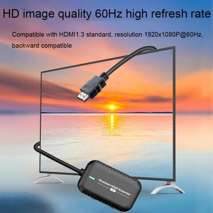 PWAY 30m Wireless HD Projector for Office Screen Sharing wireless HDMI extender displayed with TV showing sunset, 60Hz HD 1920x1080 compatibility