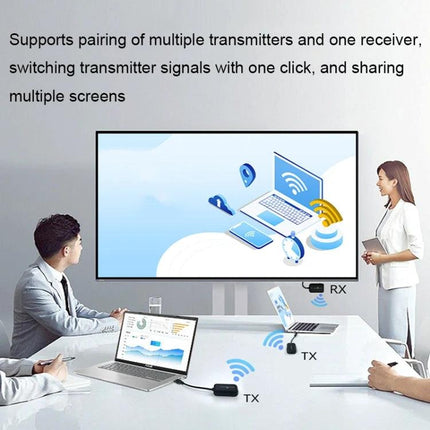 PWAY 30m Wireless HD Projector for Office Screen Sharing showing multiple laptops with TX transmitters and one RX receiver in a meeting room